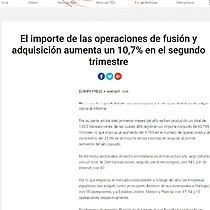 El importe de las operaciones de fusin y adquisicin aumenta un 10,7% en el segundo trimestre